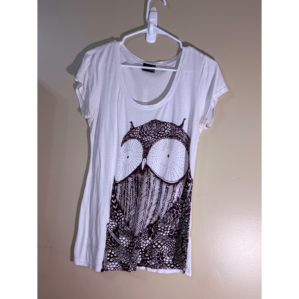 Schwiing Womens XL White Owl Graphic Scoop Neck Viscose Short Sleeve Tee Shirt